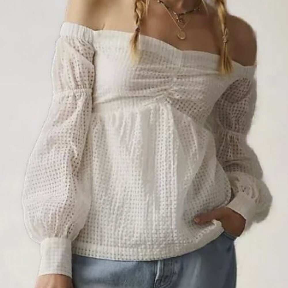 Maeve Anthropologie Off-the-Shoulder Smocked‎ Blouse Puff Sleeves Size M